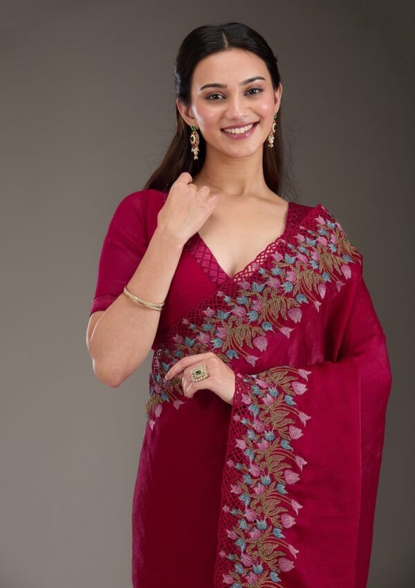 Elegant Red Threadwork Tissue Saree for a Dazzling Look - Image 3