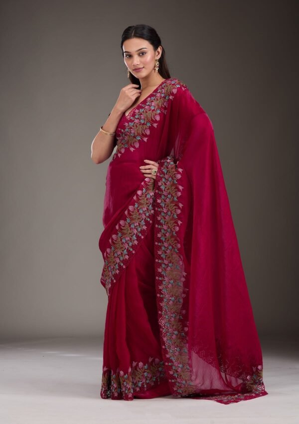 Elegant Red Threadwork Tissue Saree for a Dazzling Look