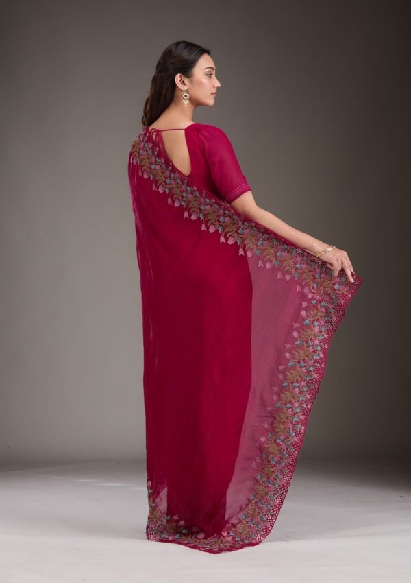Elegant Red Threadwork Tissue Saree for a Dazzling Look - Image 2