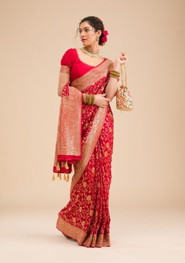 Elegant Red Banarasi Silk Saree with Intricate Zari Work - Image 7