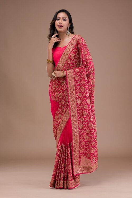 Elegant Red Georgette Saree with Stunning Zari Work