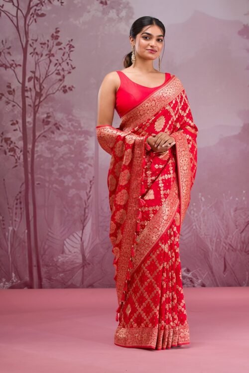 Stunning Red Georgette Saree with Intricate Zariwork