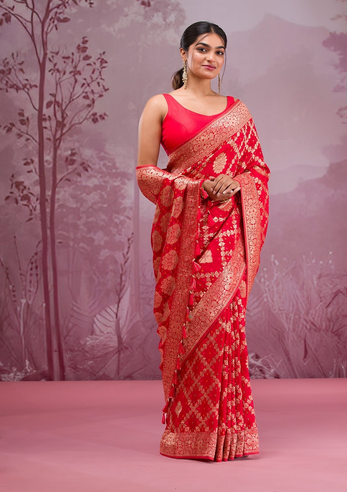 Stunning Red Georgette Saree with Intricate Zariwork