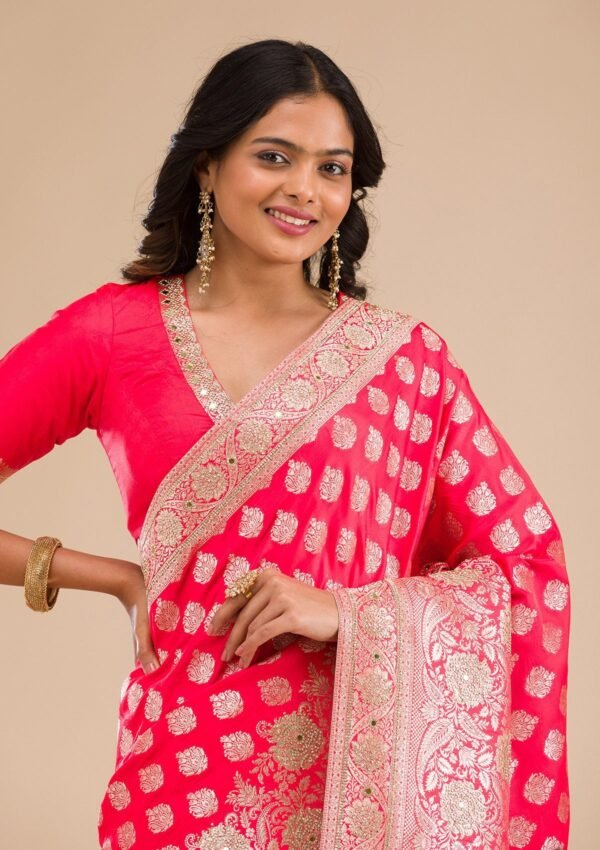 Stunning Red Zariwork Raw Silk Saree for Elegant Occasions - Image 6
