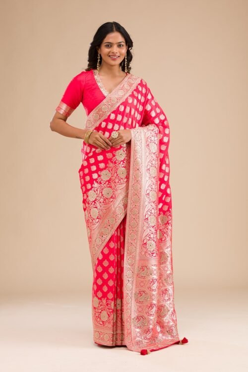 Stunning Red Zariwork Raw Silk Saree for Elegant Occasions