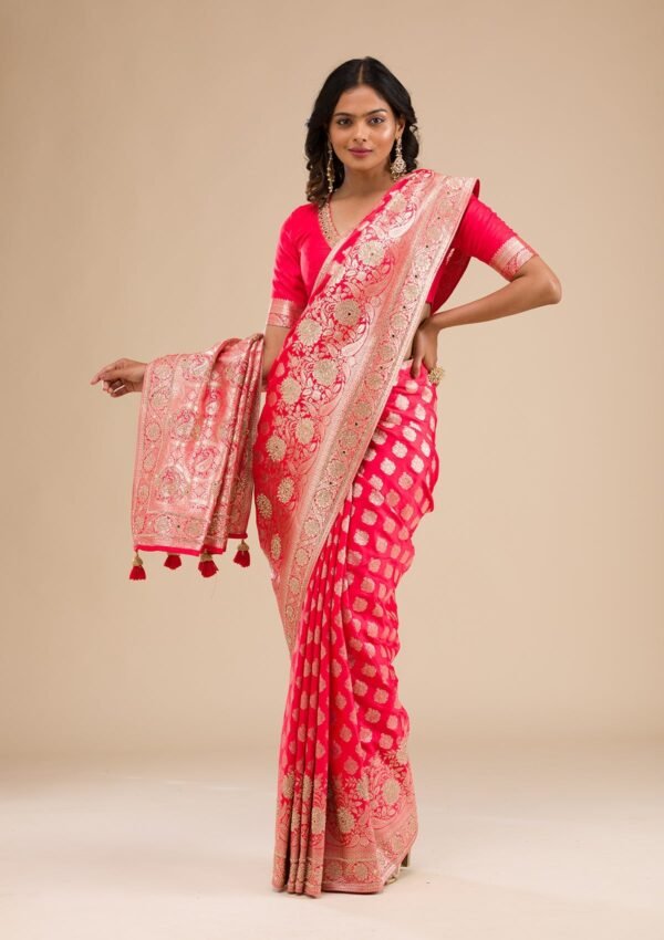 Stunning Red Zariwork Raw Silk Saree for Elegant Occasions - Image 3