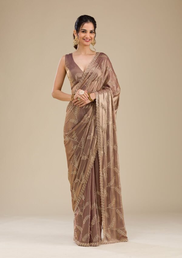 Elegant Rust Satin Saree with Stunning Stonework