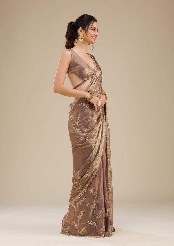 Elegant Rust Satin Saree with Stunning Stonework - Image 4