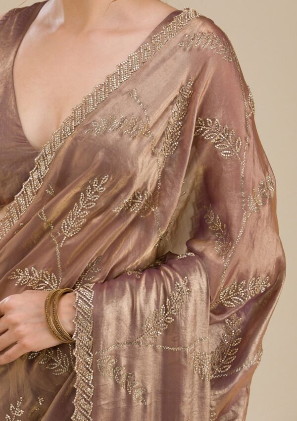 Elegant Rust Satin Saree with Stunning Stonework - Image 9