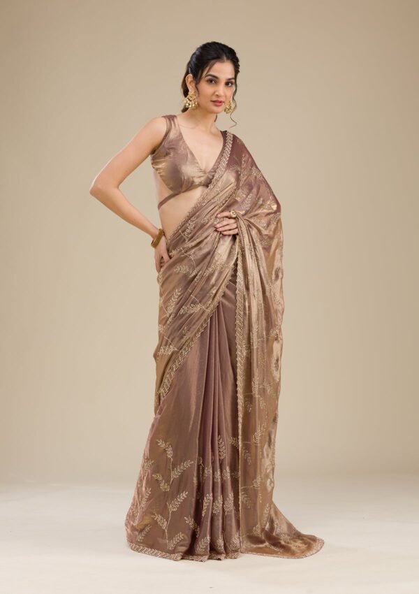 Elegant Rust Satin Saree with Stunning Stonework - Image 5