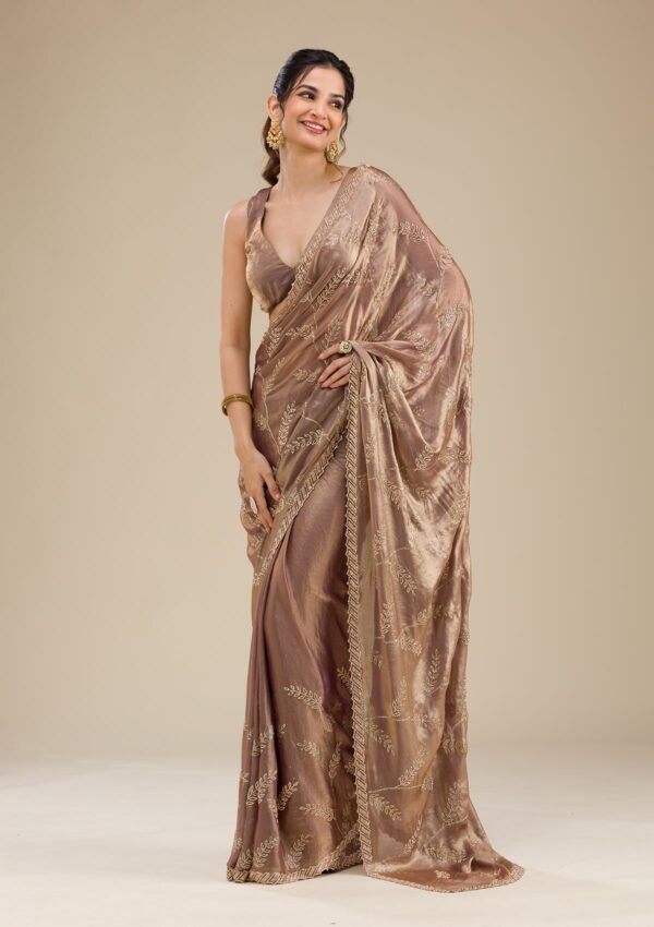 Elegant Rust Satin Saree with Stunning Stonework - Image 6
