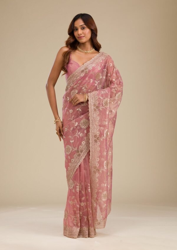 Elegant Rust Tissue Saree with Exquisite Zariwork - Image 3