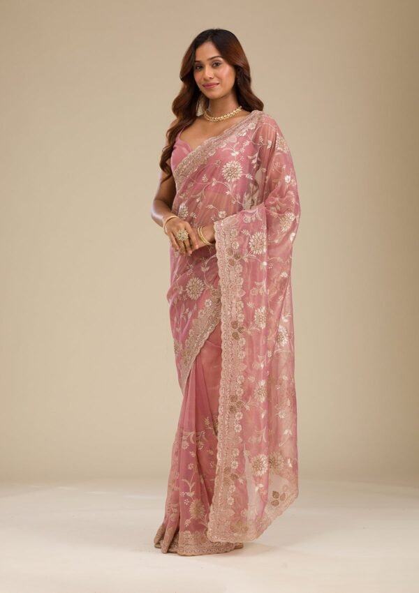 Elegant Rust Tissue Saree with Exquisite Zariwork - Image 4