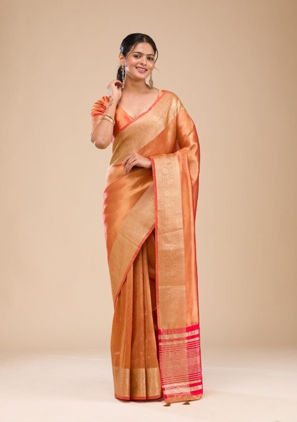 Elegant Rust Zari Embroidered Tissue Saree