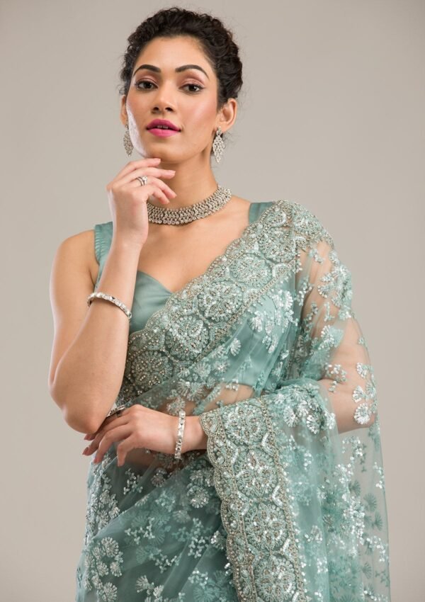 Elegant Sea Green Net Saree with Stunning Zariwork - Image 6