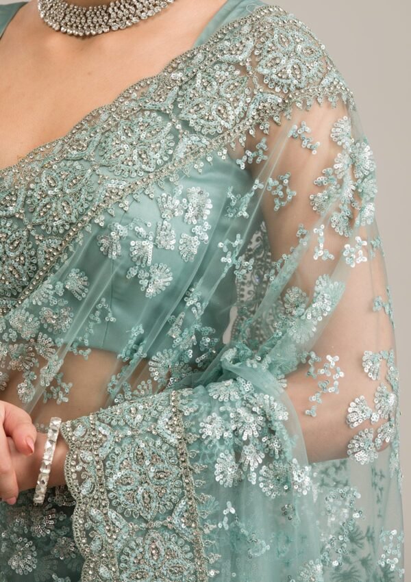 Elegant Sea Green Net Saree with Stunning Zariwork - Image 7