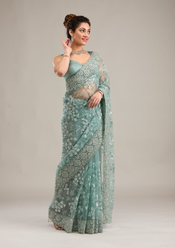 Elegant Sea Green Net Saree with Stunning Zariwork - Image 3