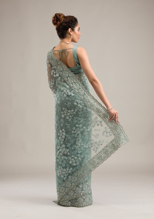 Elegant Sea Green Net Saree with Stunning Zariwork - Image 2
