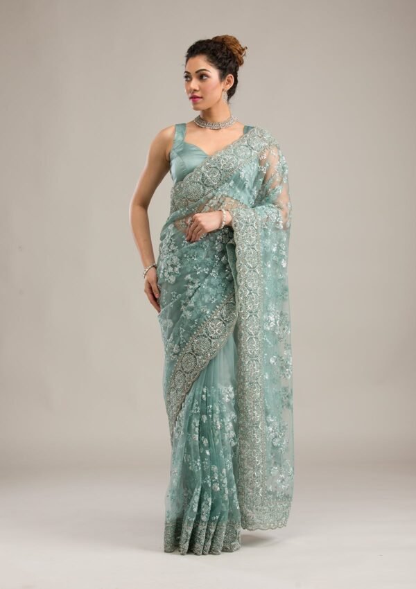 Elegant Sea Green Net Saree with Stunning Zariwork - Image 4