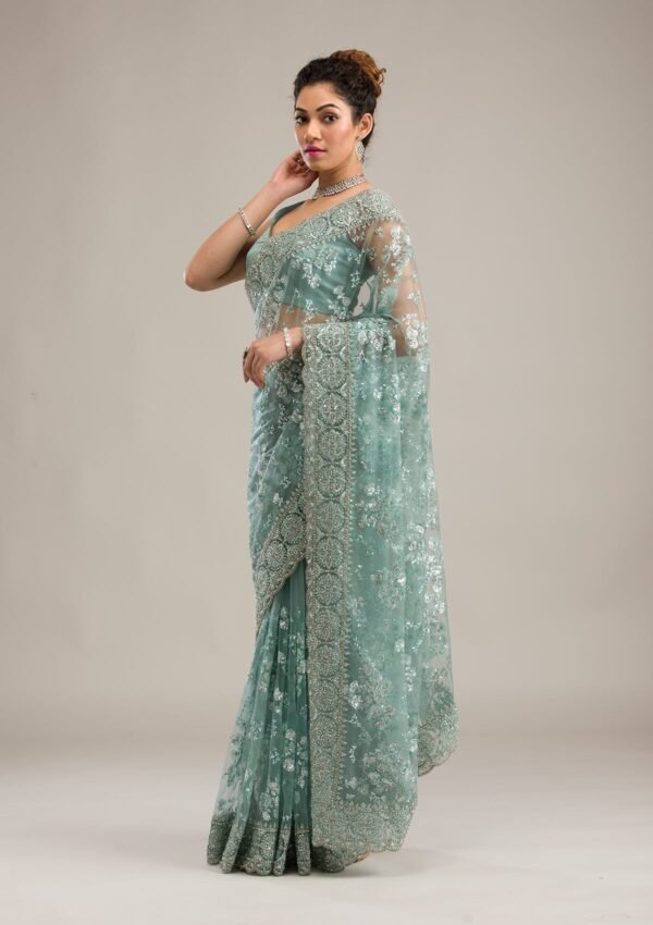Elegant Sea Green Net Saree with Stunning Zariwork - Image 5