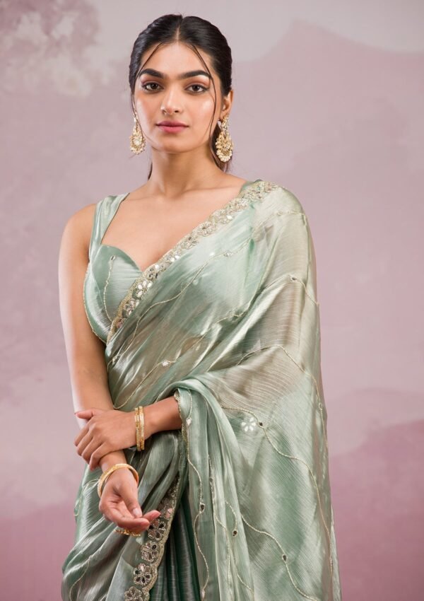 Elegant Sea Green Georgette Saree with Stunning Mirrorwork - Image 6