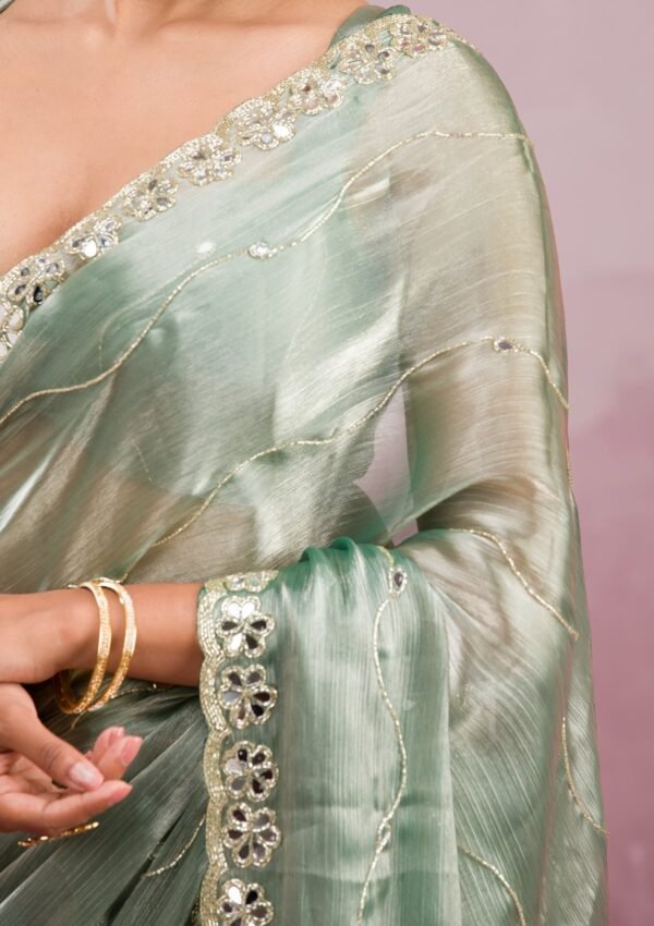 Elegant Sea Green Georgette Saree with Stunning Mirrorwork - Image 7