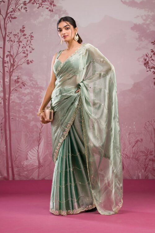 Elegant Sea Green Georgette Saree with Stunning Mirrorwork