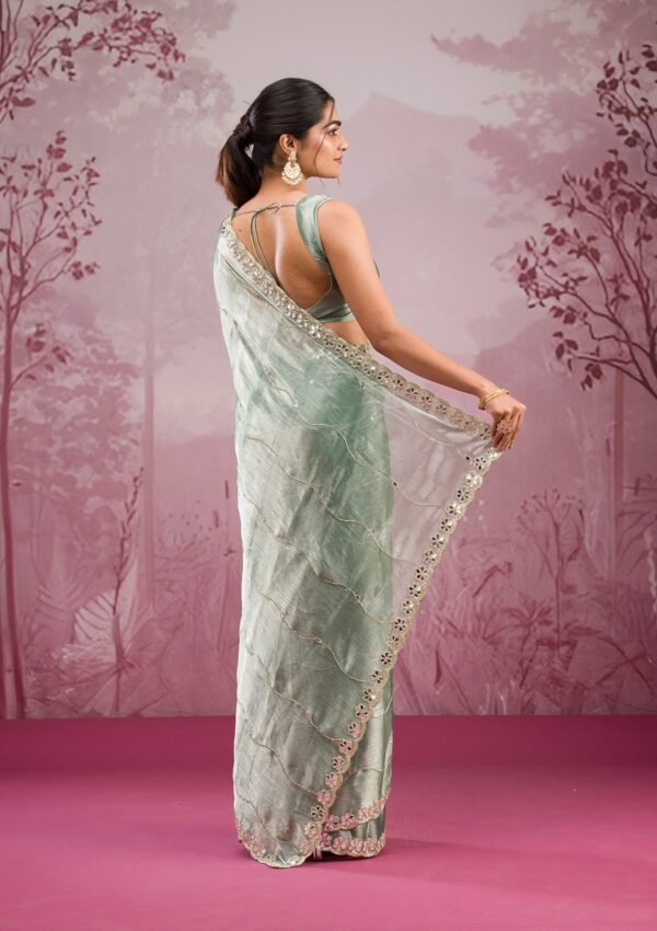 Elegant Sea Green Georgette Saree with Stunning Mirrorwork - Image 2