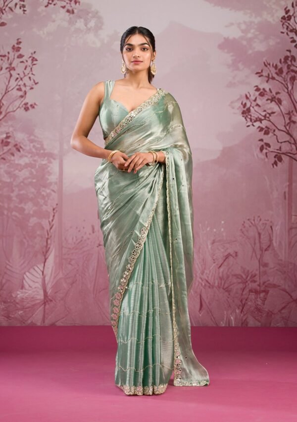 Elegant Sea Green Georgette Saree with Stunning Mirrorwork - Image 4