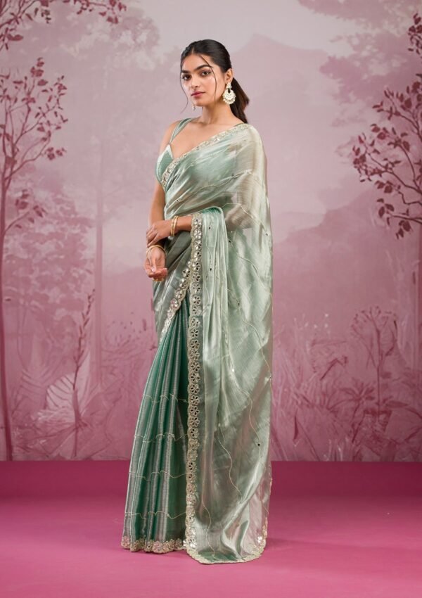 Elegant Sea Green Georgette Saree with Stunning Mirrorwork - Image 5