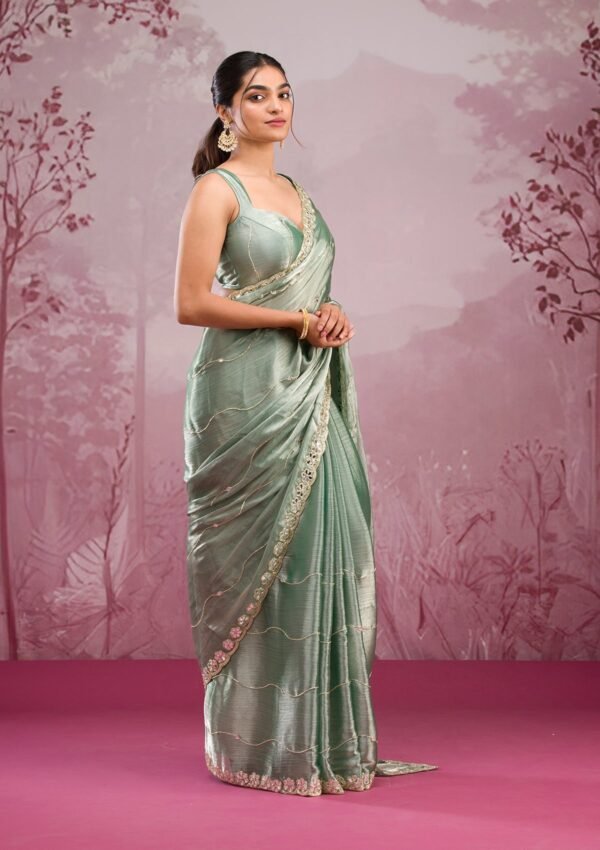 Elegant Sea Green Georgette Saree with Stunning Mirrorwork - Image 3