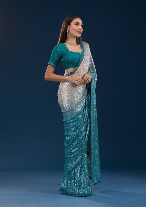 Elegant Sea Green Georgette Saree Adorned with Sparkling Sequins - Image 4