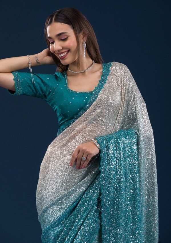 Elegant Sea Green Georgette Saree Adorned with Sparkling Sequins - Image 6
