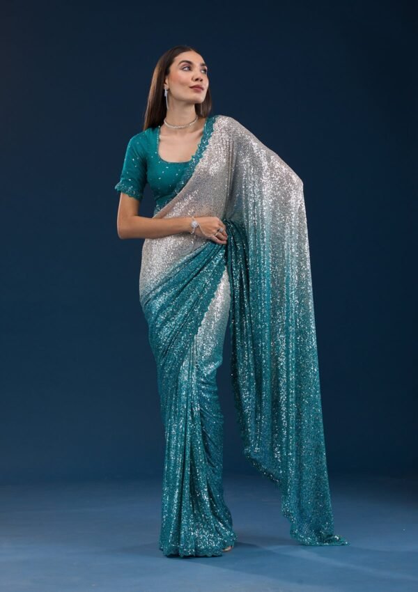 Elegant Sea Green Georgette Saree Adorned with Sparkling Sequins - Image 5