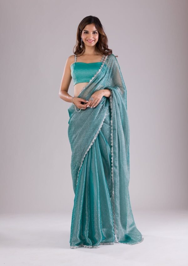 Elegant Sea Green Organza Saree with Intricate Stonework - Image 3