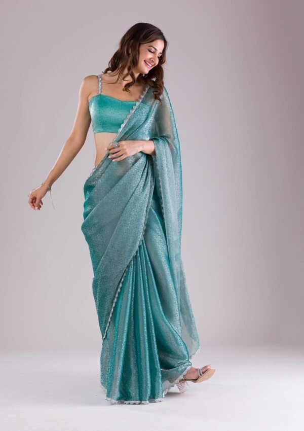 Elegant Sea Green Organza Saree with Intricate Stonework - Image 6