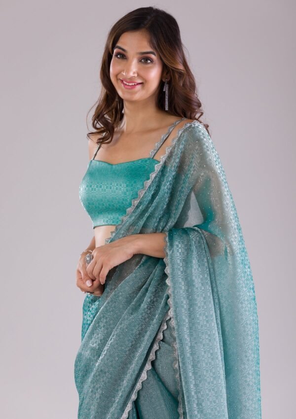 Elegant Sea Green Organza Saree with Intricate Stonework - Image 8