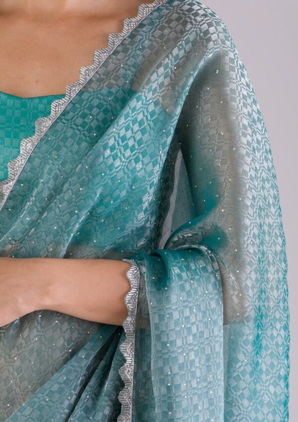Elegant Sea Green Organza Saree with Intricate Stonework - Image 2