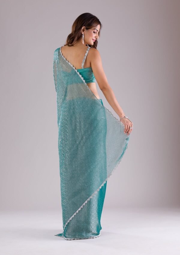Elegant Sea Green Organza Saree with Exquisite Stonework - Image 4