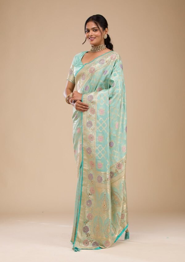 Elegant Sea Green Soft Silk Saree with Exquisite Stonework - Image 4