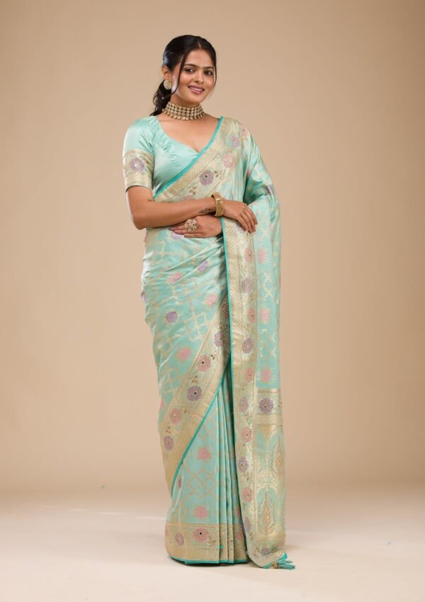 Elegant Sea Green Soft Silk Saree with Exquisite Stonework - Image 5