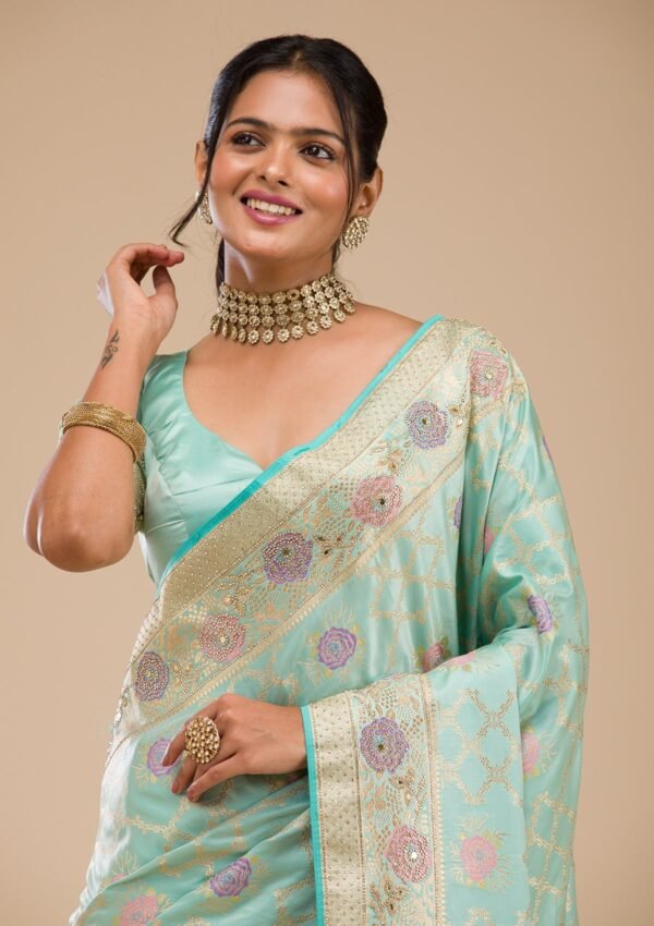 Elegant Sea Green Soft Silk Saree with Exquisite Stonework - Image 6