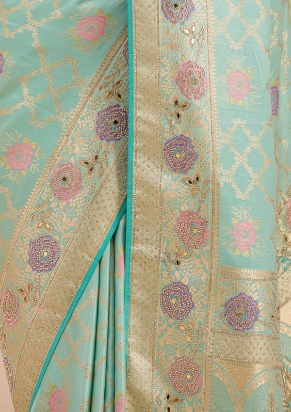 Elegant Sea Green Soft Silk Saree with Exquisite Stonework - Image 8