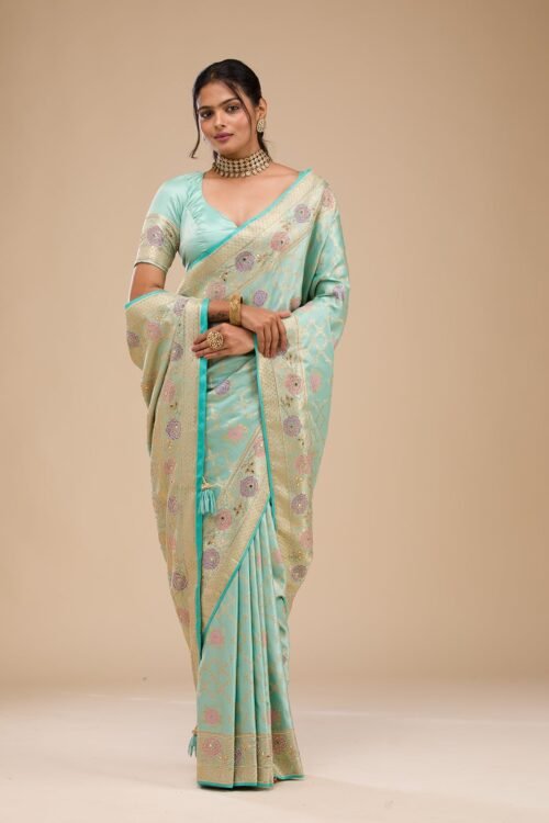 Elegant Sea Green Soft Silk Saree with Exquisite Stonework