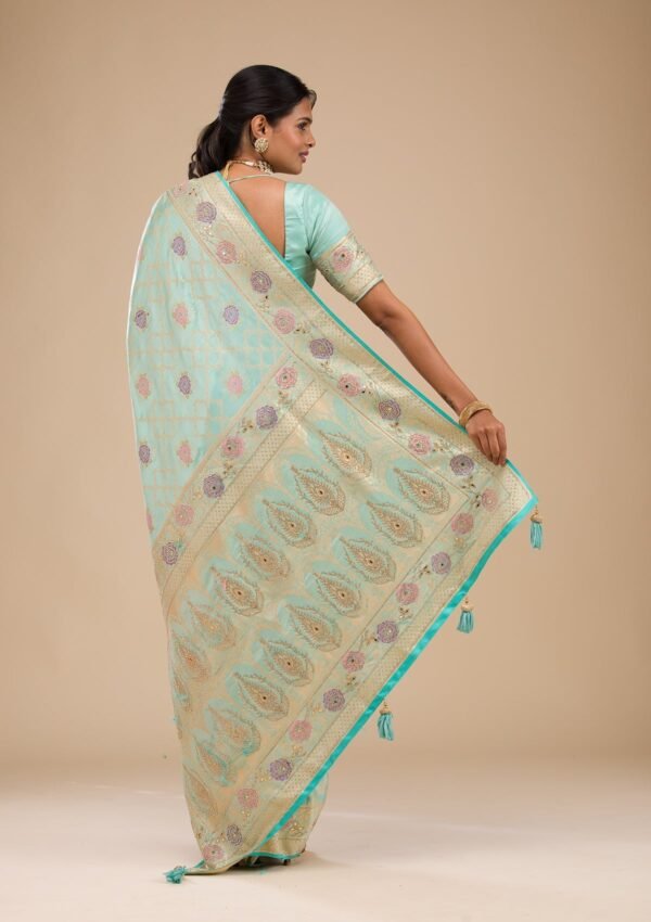 Elegant Sea Green Soft Silk Saree with Exquisite Stonework - Image 2