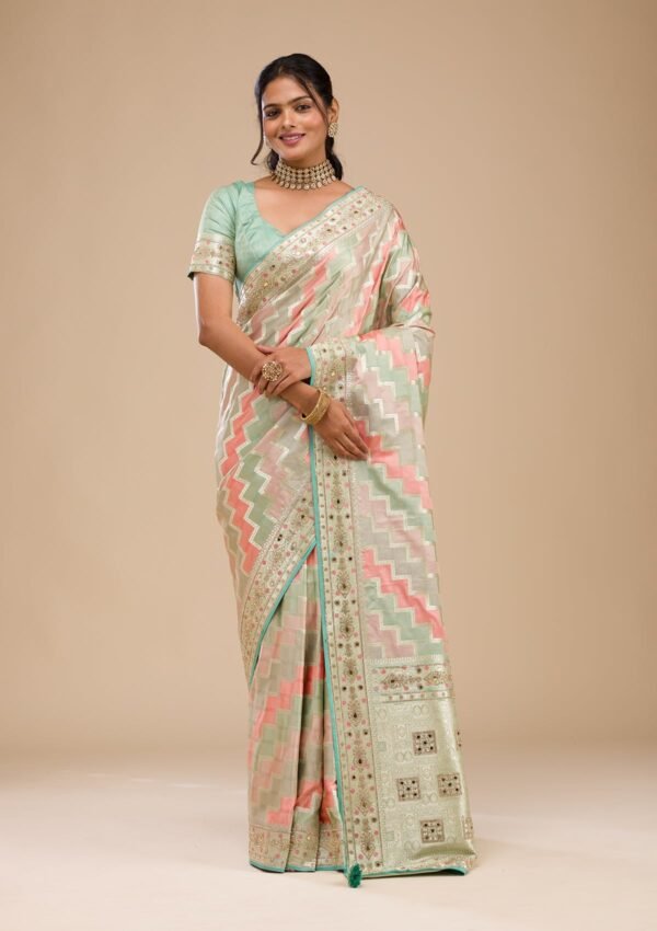 Elegant Sea Green Stonework Soft Silk Saree
