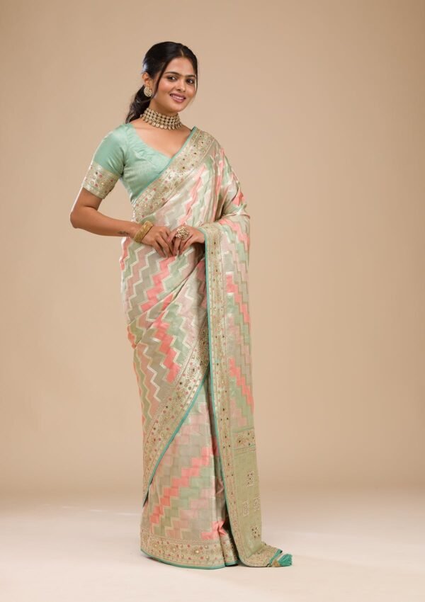 Elegant Sea Green Stonework Soft Silk Saree - Image 4