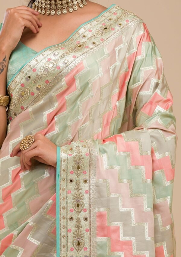 Elegant Sea Green Stonework Soft Silk Saree - Image 8