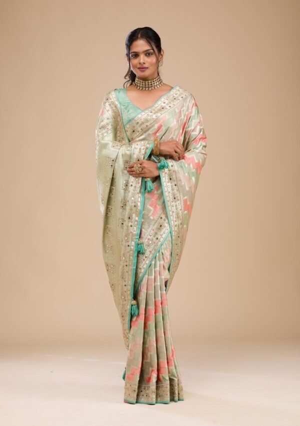 Elegant Sea Green Stonework Soft Silk Saree - Image 7