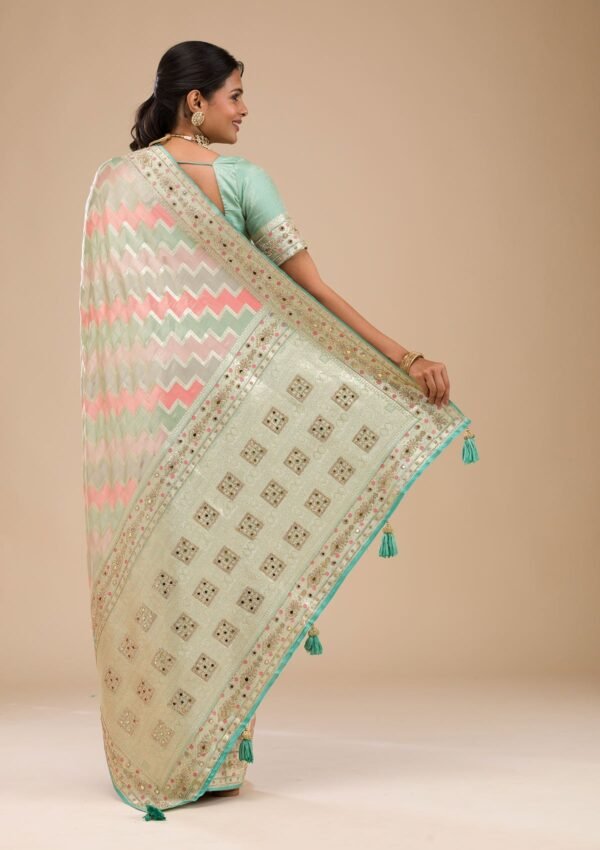 Elegant Sea Green Stonework Soft Silk Saree - Image 2